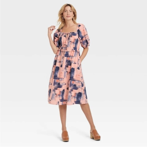 Universal Thread Abstract Boho Print Midi Dress Puff Sleeve - Picture 1 of 6